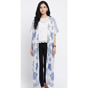 MUDD Women's Full Length Kimono ONE SIZE Floral Blue White Lightweight Summer
